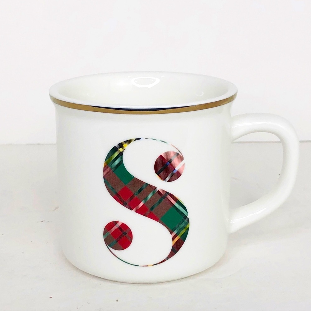 Pottery barn, gold toned, rimmed plaid S coffee mug